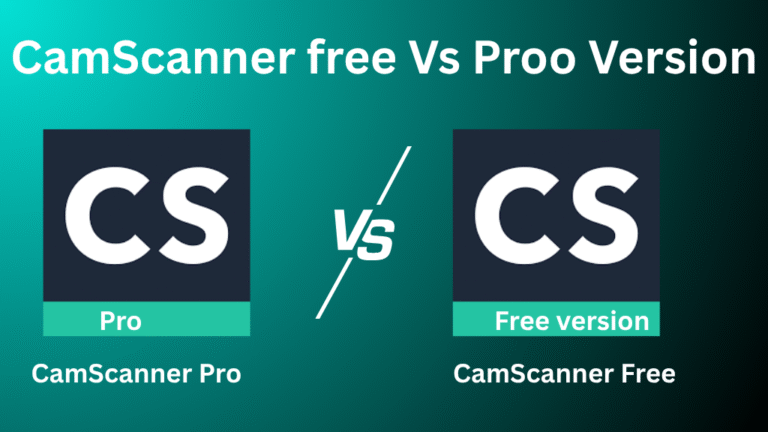 CamScanner Pro APK vs Free version illustrated comparison showing app icons, highlighting the difference between CamScanner premium features and free app limitations