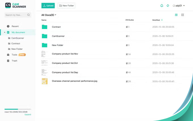 CamScanner for PC showing document folders and file organization on desktop interface.