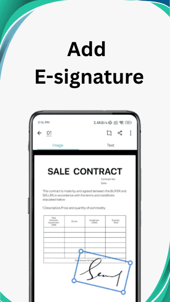 Add e-signature to documents using CamScanner on a mobile device – digital sale contract signing feature.