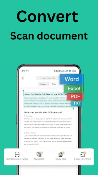 Screenshot of CamScanner Pro APK converting scanned documents into Word, Excel, PDF, and TXT formats.