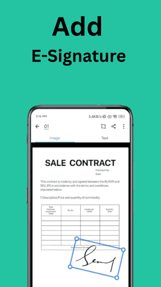 Screenshot of CamScanner Pro APK adding e-signature to a sale contract document on a smartphone