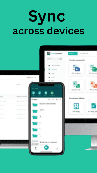 Screenshot of CamScanner Pro APK syncing scanned documents across mobile, laptop, and desktop devices.