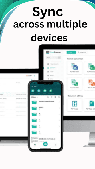 CamScanner Pro APK syncing files across multiple devices including mobile and desktop screens.