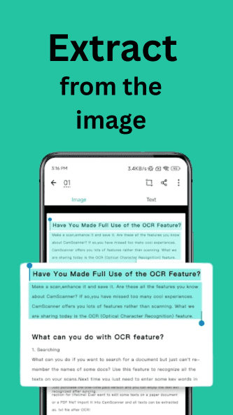 Cropped screenshot of CamScanner Pro APK using OCR with image enhancement filters like Magic Color.