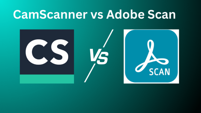 CamScanner vs Adobe Scan comparison image showing logos of both mobile scanner apps with a versus (vs) symbol between them