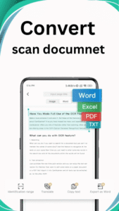 Convert scanned documents to Word, Excel, PDF, or TXT using CamScanner Pro APK OCR feature on mobile.