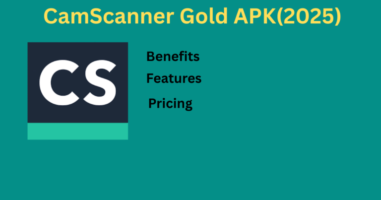 CamScanner Gold APK (2025) promotional graphic with a teal background. The CamScanner logo (white "CS" on a dark square with a green bar at the bottom) is displayed on the left. On the right, the text reads: "Benefits, Features, Pricing" in bold black font. The title "CamScanner Gold APK (2025)" is written in bold yellow text at the top