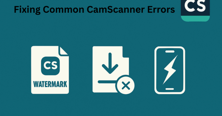 CamScanner error fix illustration with phone and documents on turquoise background.